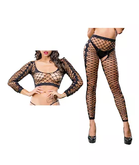 Beverly Hills Naughty Girl Crotchless Front Mesh & Side Design Leggings Black O/s