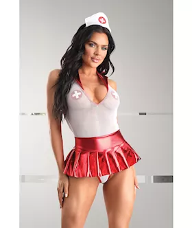 Play Pulse Check Collared Teddy wOpen Back Pleated Skirt Medic Hat amp Pasties RedWhite SM