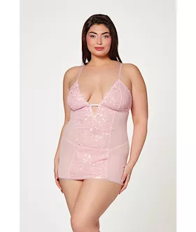 Floral Mesh Chemise amp GString Pink 3X4X