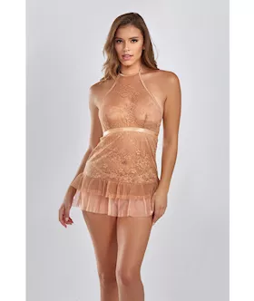Amber Halter Lace Babydoll wTiered Pleated Mesh Skirt Hem amp GString Brown SM