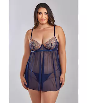 Jennie Cross Dyed Galloon Lace amp Mesh Babydoll Navy 3X