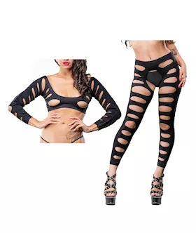 Beverly Hills Naughty Girl Crotchless Leggings wVarigated Holes Black OS