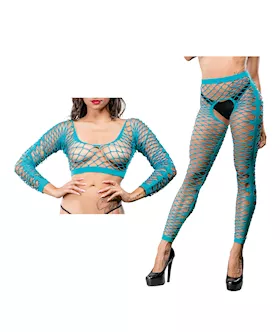 Beverly Hills Naughty Girl Crotchless Front Mesh amp Side Design Leggings Turquoise OS