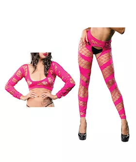 Beverly Hills Naughty Girl Crotchless Mesh amp Fishnet Leggings Pink OS