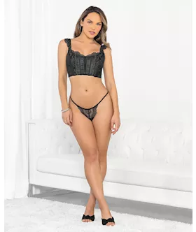Silver Lurex Lace Corset Top wGString BlackSilver MD