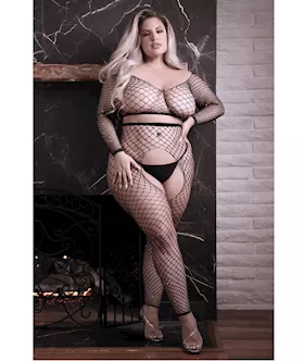 Sheer Stunner Rhinestone Fishnet Long Sleeve Top amp Crotchless Tights Black QN
