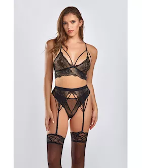 Everly Dot Mesh amp Galloon Lace Strappy Bra Garterbelt amp Hipster Panty Black 1X