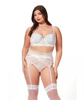 Lace amp Pearl Bra Garter Belt amp Thong White 3X4X