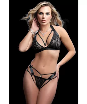 Wide Strap Halter Bra wCut Outs amp Thong Black OS