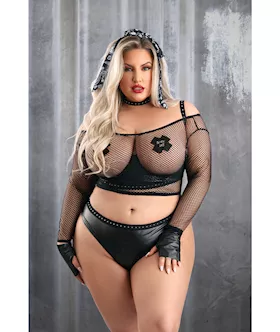 Play Easy Rider Open Cup Bra Fishnet Top Panty Choker Gloves Bandana amp Pasties Black 1X2X