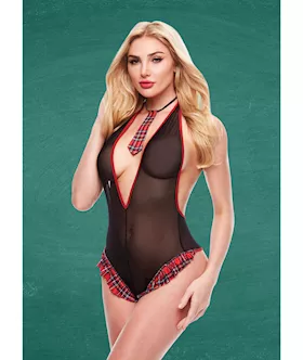 Teacher039s Pet Schoolgirl See Thru Crotchless Teddy wTie BlackRed ML