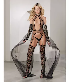 Private Dancer Gartered Teddy wThigh High Stockings amp Detachable Train Black LG