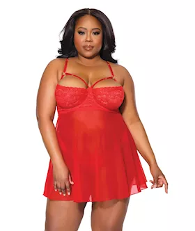 Holiday Scallop Stretch Lace amp Mesh Babydoll amp Thong RedGold 3X4X