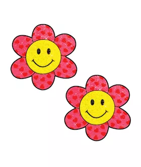 Neva Nude Smiley Flower Power Glitter Pasties  PinkYellow OS
