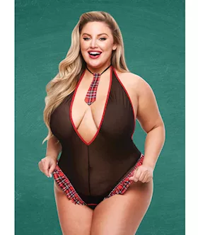 Teacher039s Pet Schoolgirl See Thru Crotchless Teddy wTie BlackRed QN