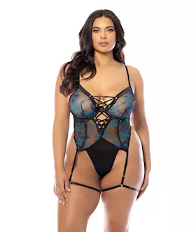 Lola Unlined Underwire Embroidered Teddy wAttached Garter Stays  Black 1X