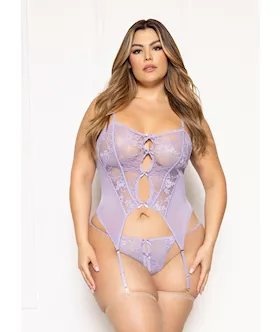 Floral Lace and Mesh Cami wAttached Garters amp Thong  Lavender QN