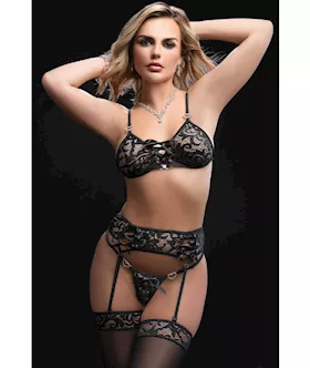 Lace Up Bra wHeart Detail Garter Belt amp Thong Black OS
