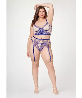 Sheer Stretch Mesh wFloral Contrast Embroidery Bustier Garter Belt amp Thong BlueNude 3X4X