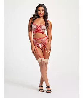 Sheer Stretch Mesh wFloral Contrast Embroidery Bustier Garter Belt amp Thong RedNude MD