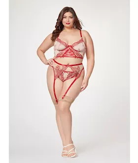 Sheer Stretch Mesh wFloral Contrast Embroidery Bustier Garter Belt amp Thong RedNude 3X4X