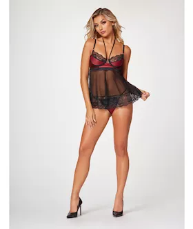 Satin amp Lace Halter Demi Cup Babydoll amp Thong BlackWine MD