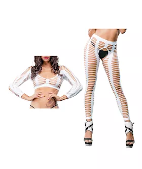 Beverly Hills Naughty Girl Crotchless All Over Straps Mesh Leggings White OS
