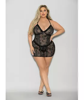 Flame Fetish Boss Lady Lace Up Back Chemise amp Wide Band Thong Black 1X2X