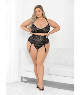 Floral Lace Bra High Waist Garterbelt amp GString Black 2X