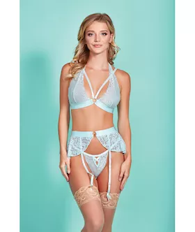 Mercedes Cross Dyed Galloon Lace Strappy Halter Bra, Garter Skirt & G-string Light Blue Sm