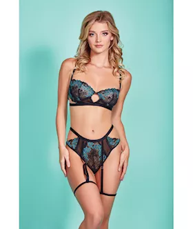 Emmalyn Mesh amp Galloon Lace Underwire Bra amp High Waist Garter Panty BlackBlue LG