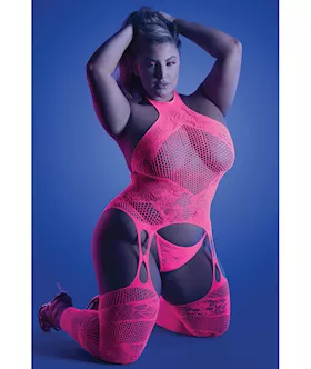 Glow Captivating Halter Bodystocking amp GString Neon Pink QN