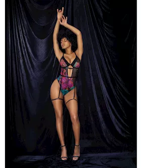 Flower Print Mesh Underwire Teddy wDetachable Garter Straps Multi Color SM