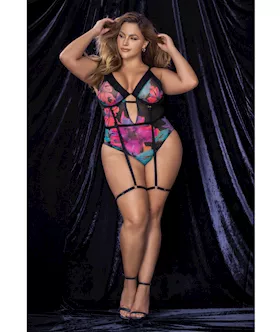 Flower Print Mesh Underwire Teddy wDetachable Garter Straps Multi Color 1X2X