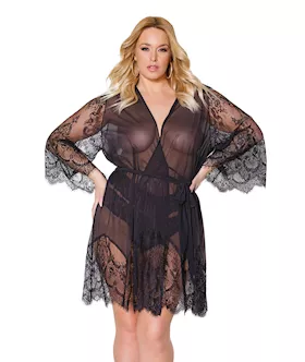 Holiday Eyelash Lace Robe wBell Sleeves Black OSXL