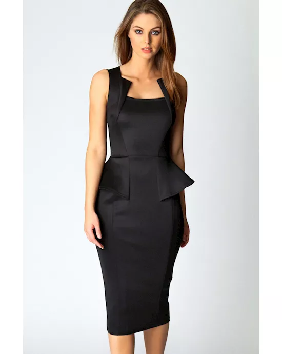 abi neck detail sleeveless midi dress in black