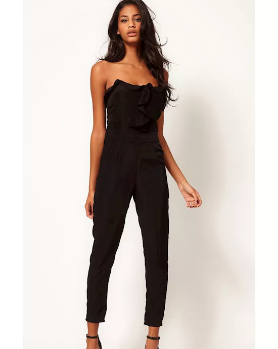 black bandeau jumpsuit with frill front