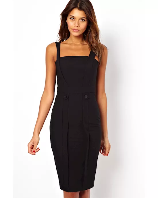 black bandeau neckline revealing back pencil midi dress