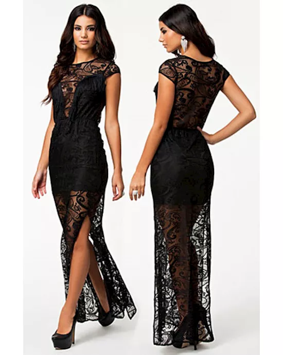 black fringe and lace evening dress
