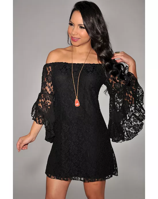 black lace off-the-shoulder mini dress