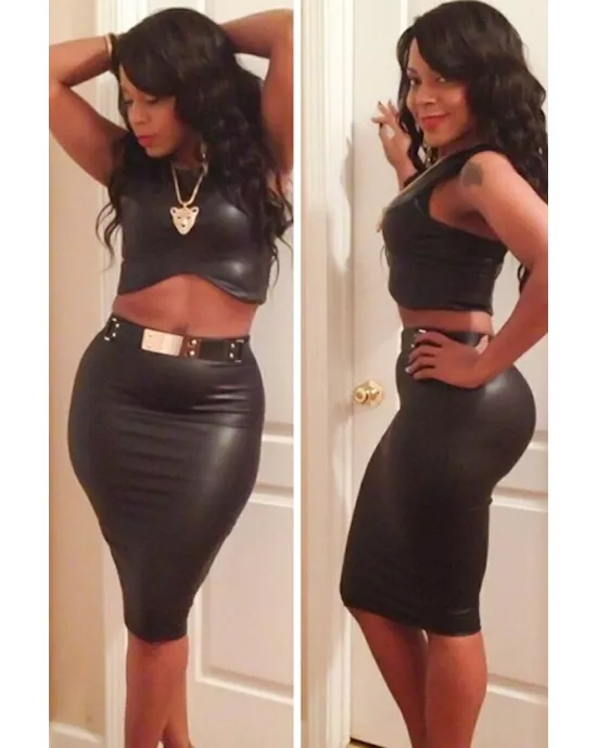black leather skirt set with gold belt details