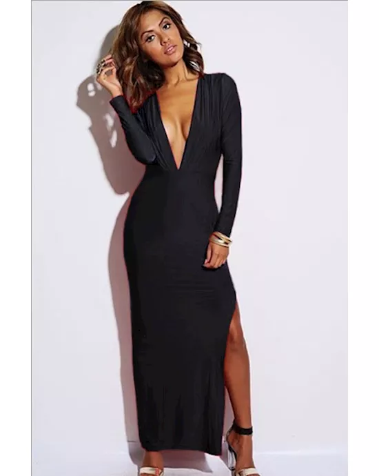 black long sleeve v-neck split maxi dress