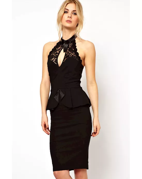 black peplum and high neck pencil midi dress