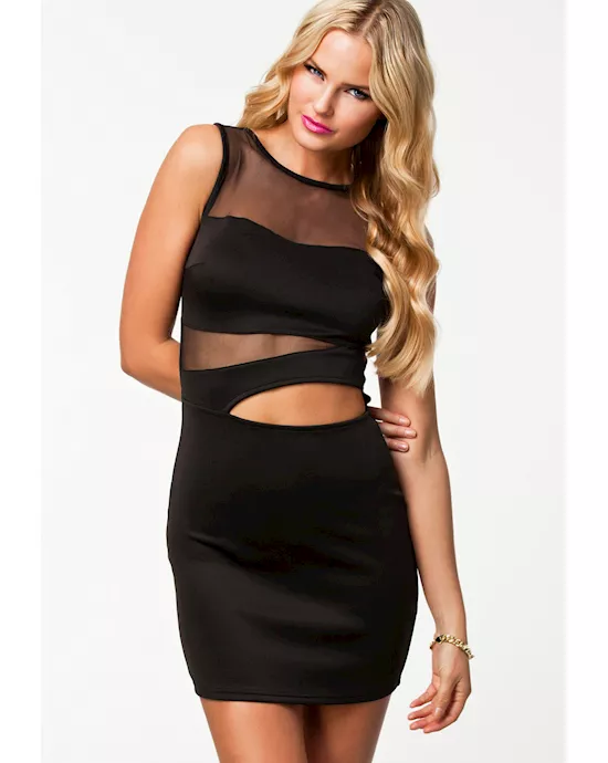 black sexy contrast-colored mesh perspective mini dress