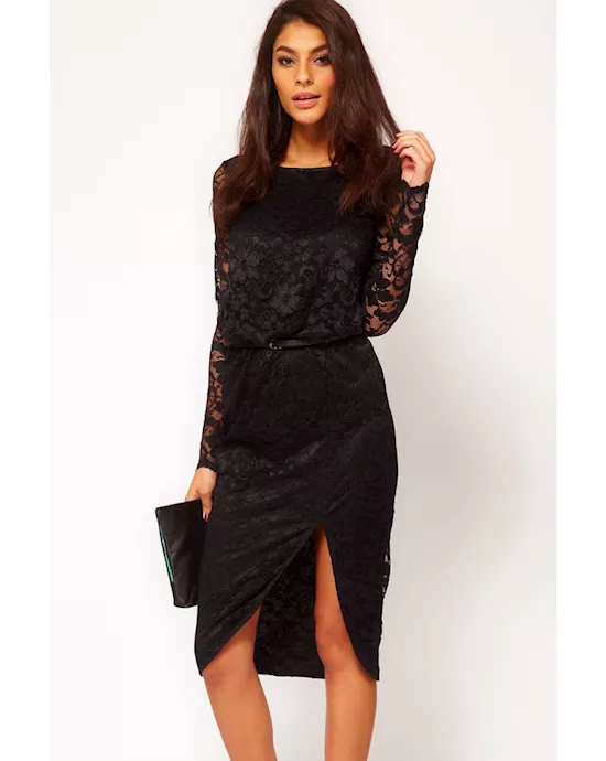 black sexy midi dress in lace with cowl back and split