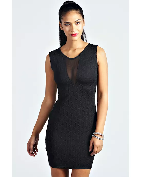 black textured mesh front bodycon dress