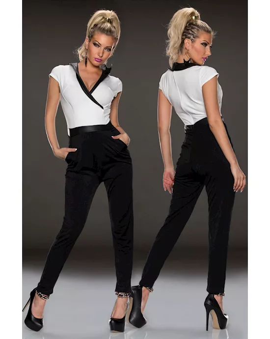 black white individual v-neck jumpsuit