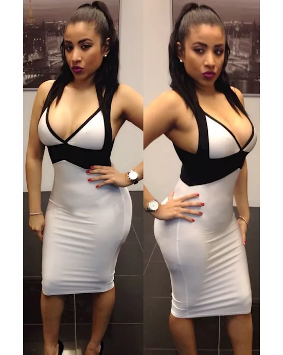 black white v-neck halter midi dress