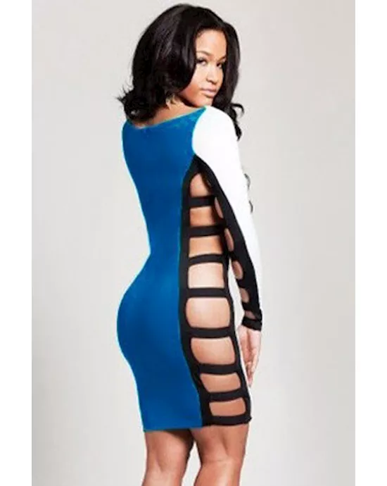 blue long sleeve sided slits bodycon dress