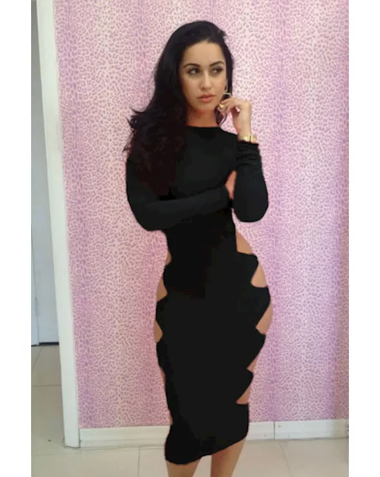 club party side cut-out midi black dress